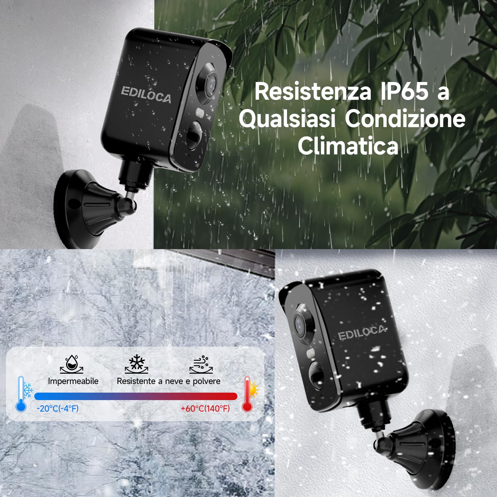 Telecamera WiFi Interno/Esterno, Videocamera Sorveglianza 2K 3MP Senza Fili Batteria Ricaricabile, Rotazione 300°, Rilevamento Umano PIR, Visione Notturna a Colori, Impermeabile IP65-Black