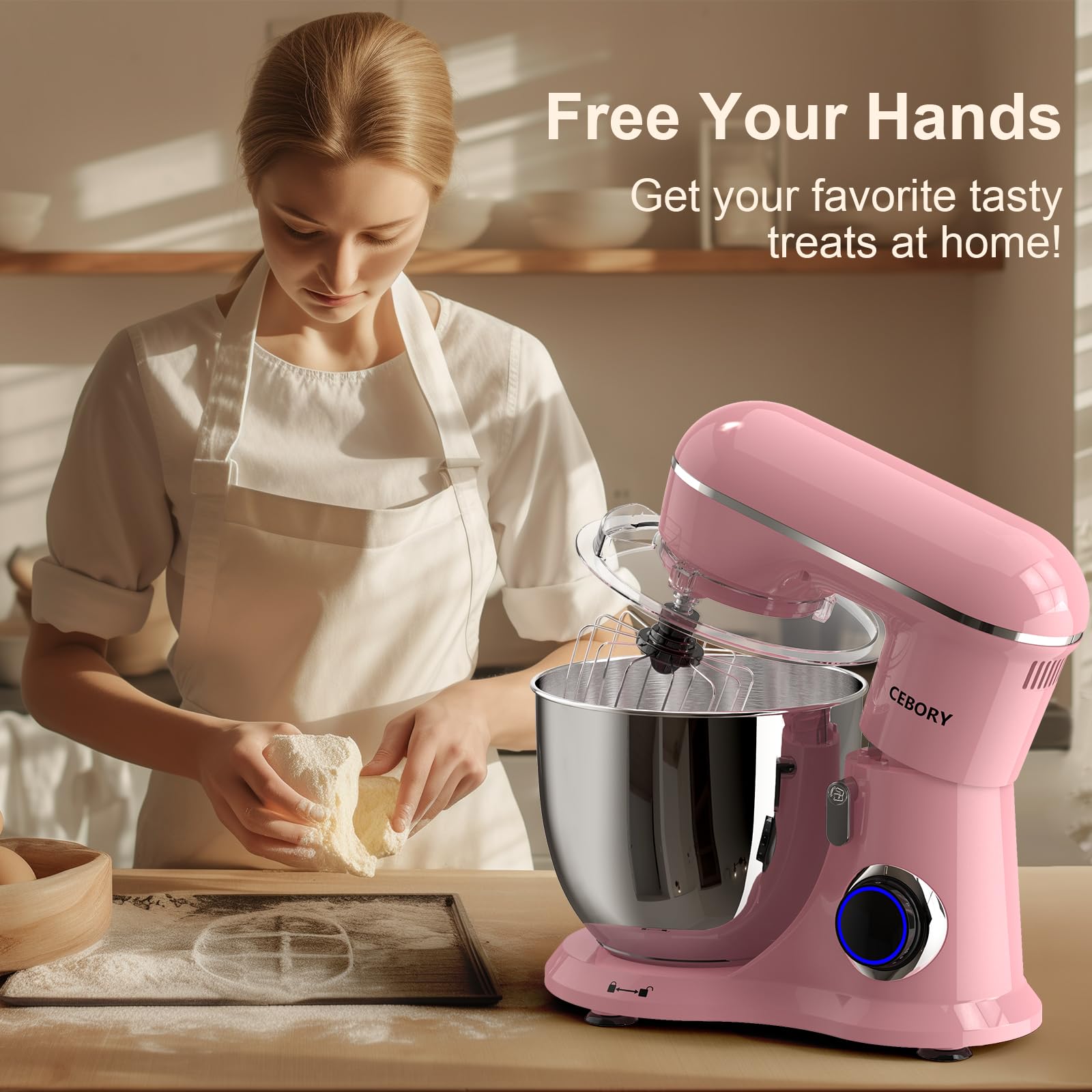 CEBORY 3-IN-1 Electric Stand Mixer, 6.5QT Bowl 660W 10-Speed Kitchen Mixer, Household Food Mixers include Dough Hook, Beater and Whisk, Bread Cake Mixer for Baking and Most Home Cooks,: Pink