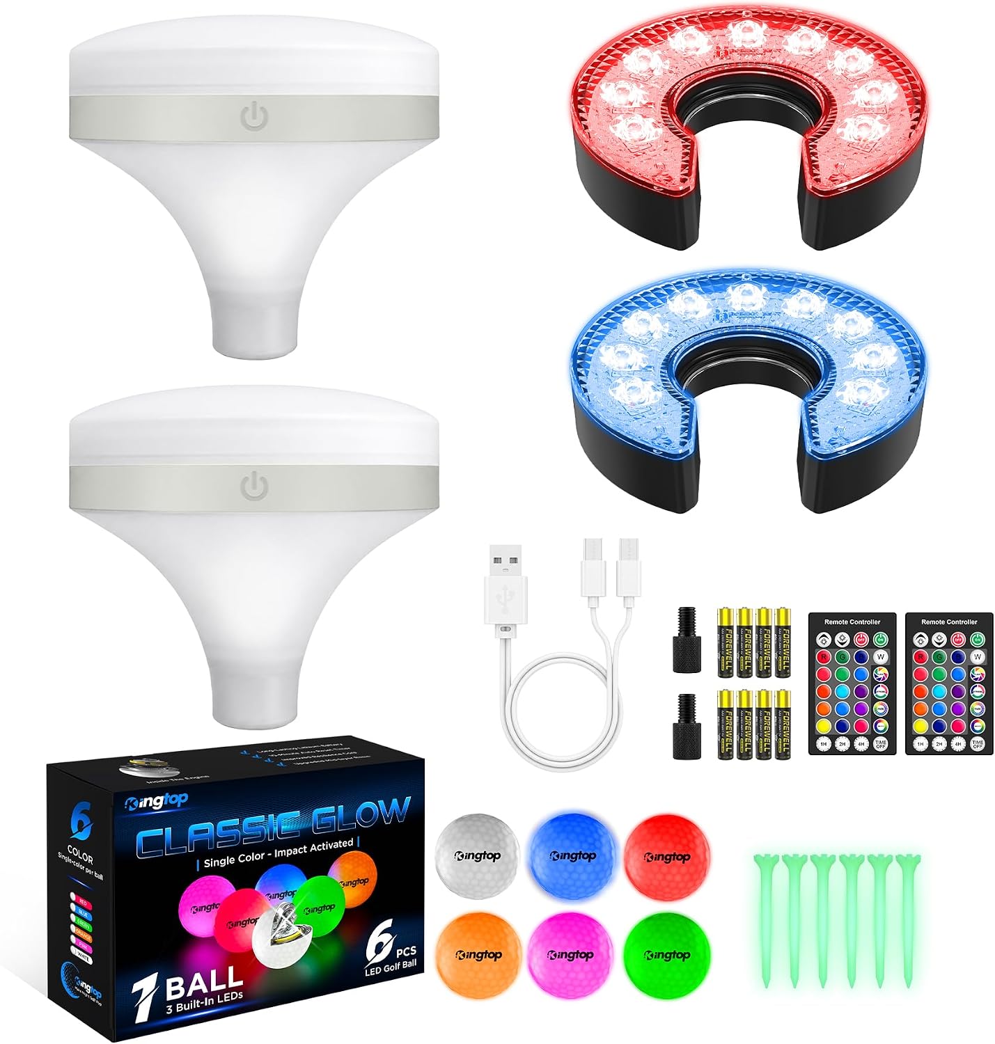KINGTOP Night Golf, 2 C-Shape Hole Lights, 2 Top Lights, 6 LED Balls
