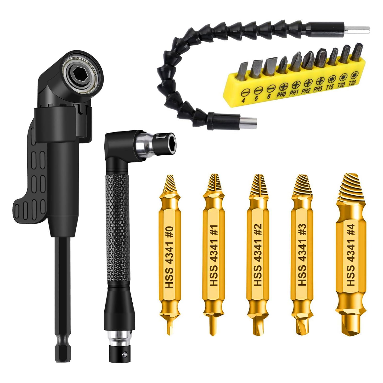 18Pcs Flexible Drill Bit Extension, Include 5Pcs Damaged Screw Extractor Set 105° Right Angle Drill Attachment 10 Short Screwdriver Bits 90° Angled Bits and Bendable Drill Bit Extension