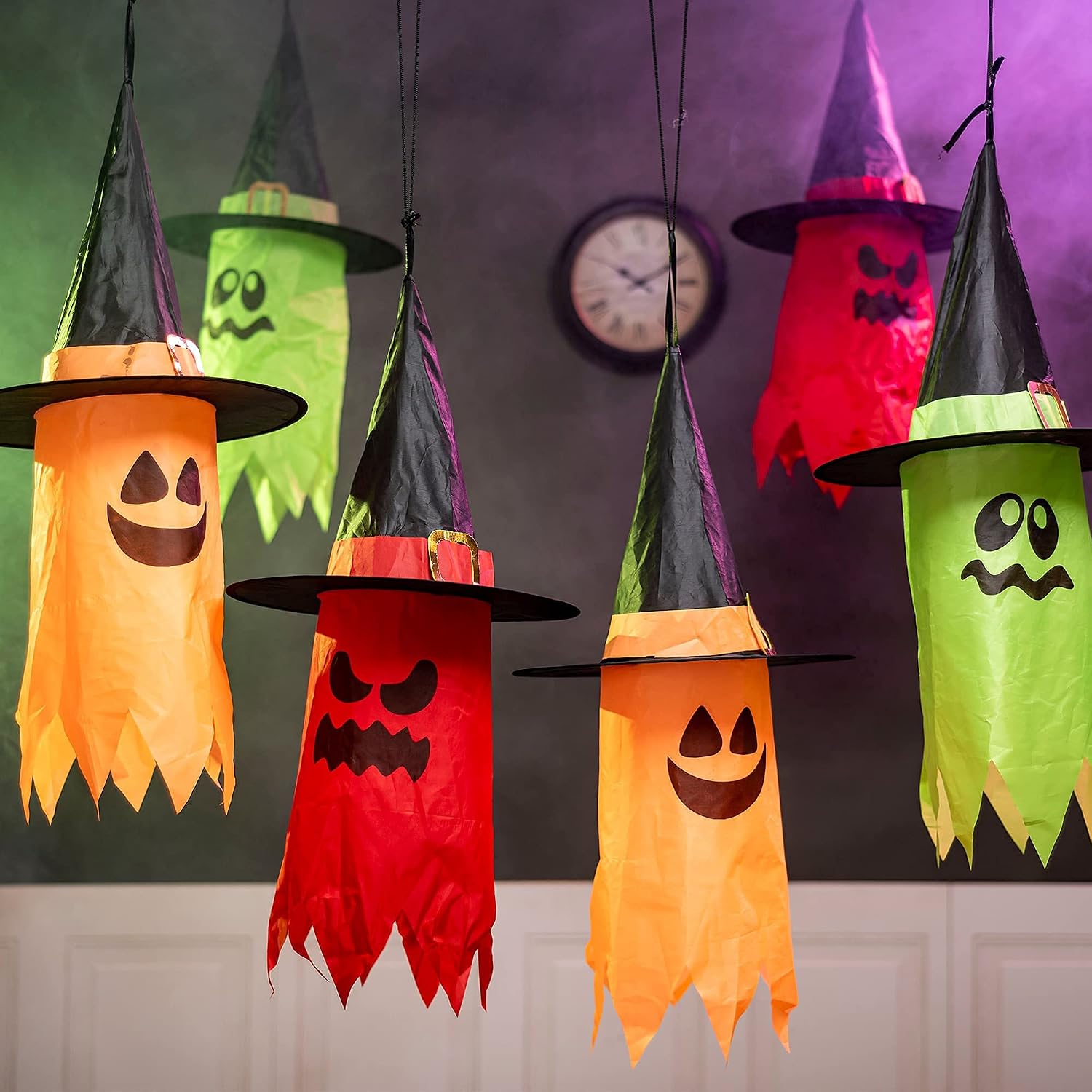 JOYIN 6 Pack 24" Halloween Light up Hanging Ghosts, Halloween Hanging Ghost Prop Decoration with Black Witch Hat for Halloween Trees, Patio, Bedroom, House Decorations