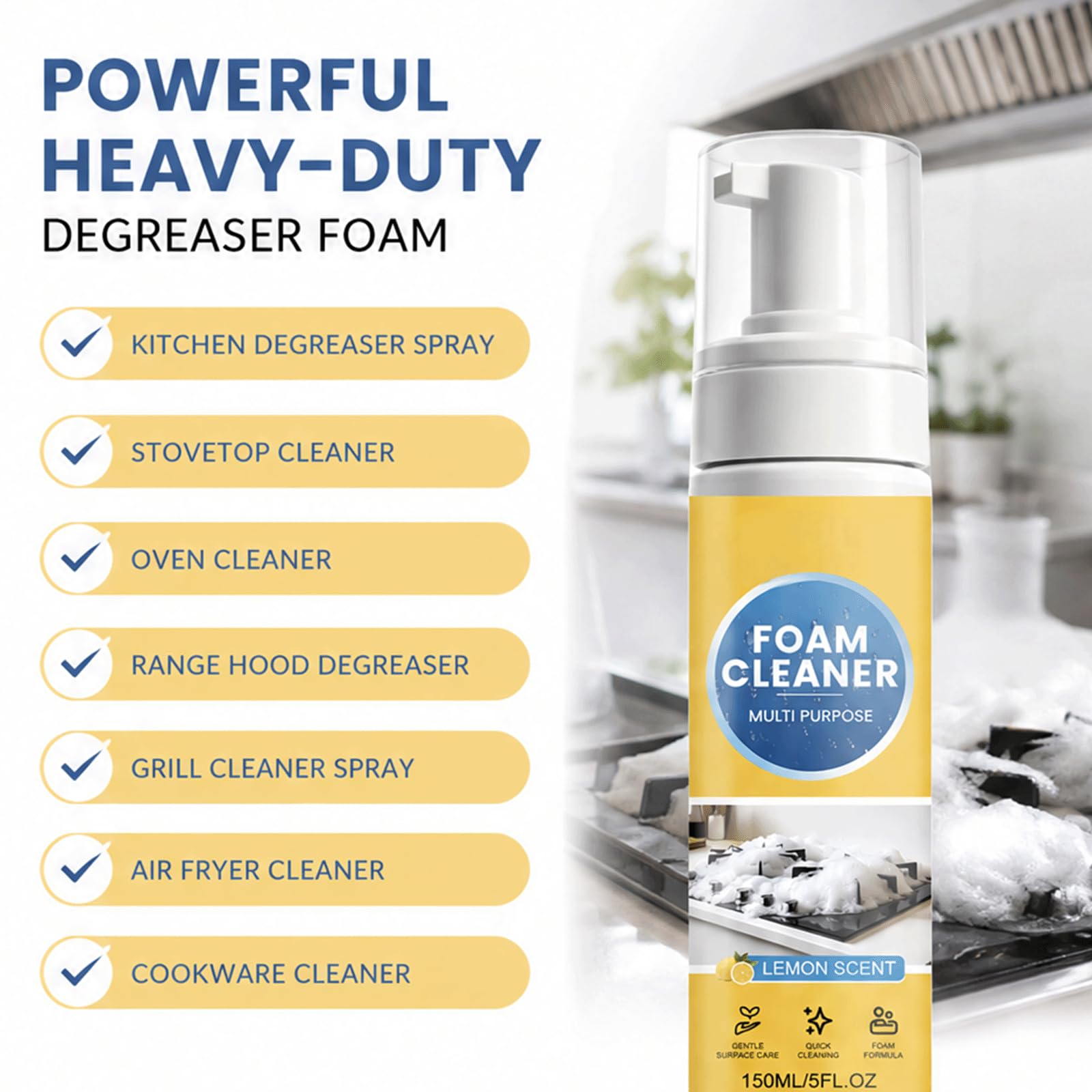 Aroma de limón Spray de espuma limpiadora multiusos sin enjuague para trabajo pesado - Potente desengrasante de cocina, limpiadores domésticos para todo uso, (5 piezas)