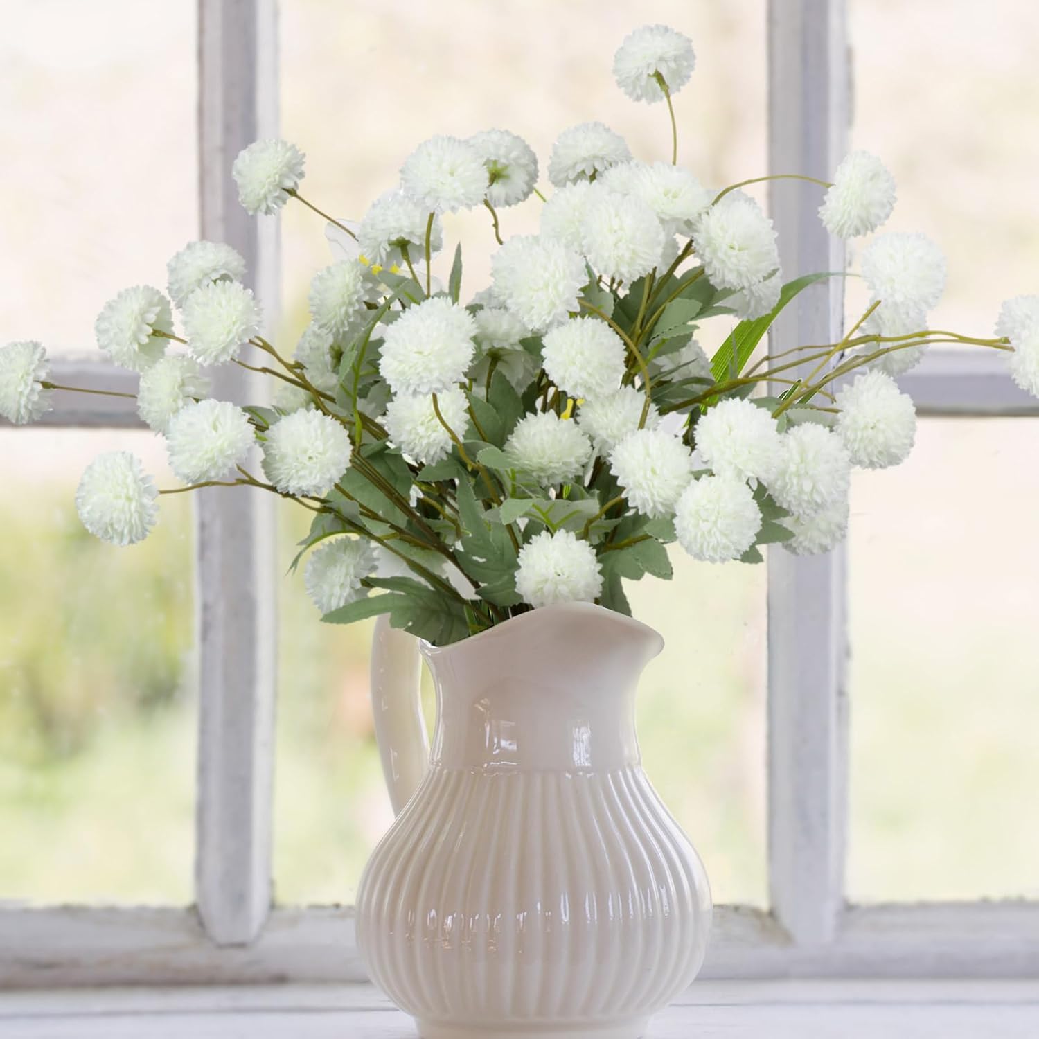 12 Pcs Artificial Pom Pom Mums Spring Faux Kiku Chrysanthemum Ball Floral Stems for Wedding Centerpieces Mother's Day Bouquet & Table Vase Decor(Milk White)