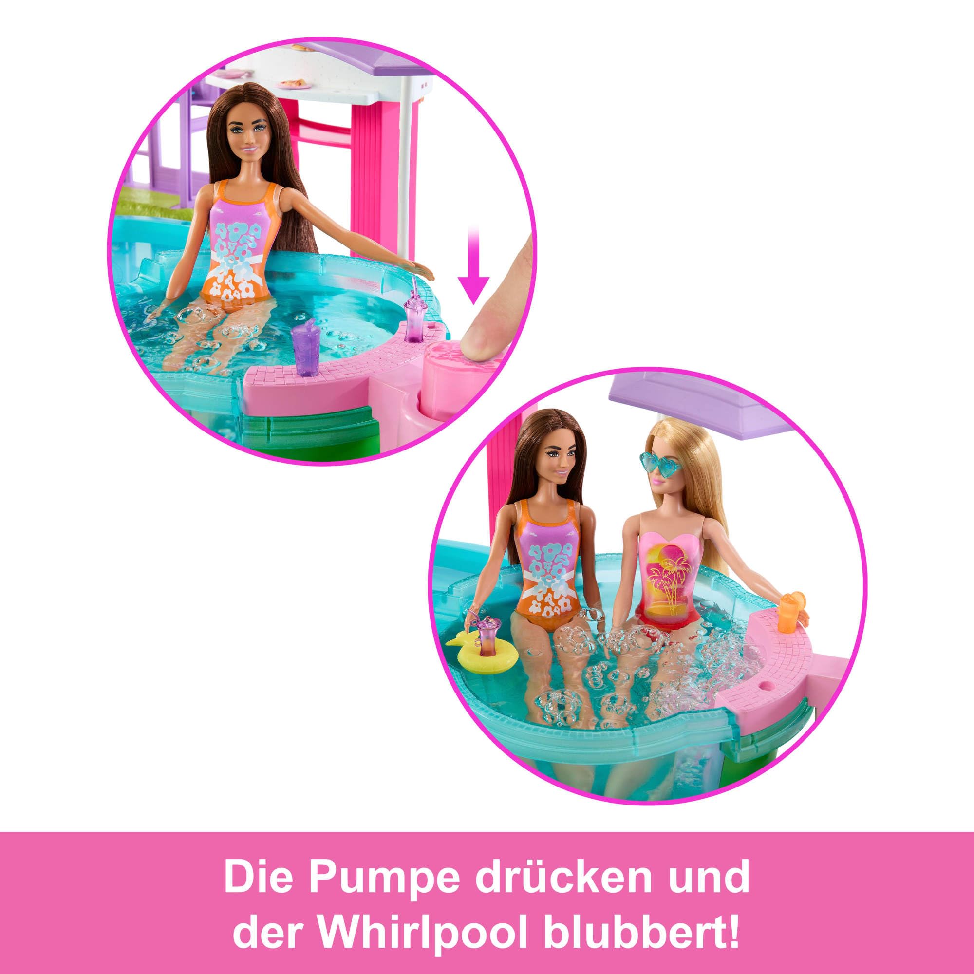 Barbie Traumpool Spielset mit sechs Spielbereichen, einschließlich Rutsche und schäumendem Whirlpool sowie über 20 Zubehörteilen wie Haustier, Schwimmringe und mehr, JKG83