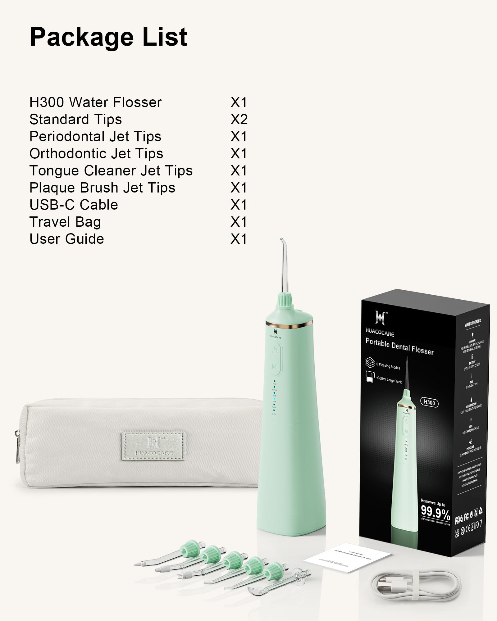 HUACO CARE Irrigador bucal de agua mejorado de 300 ml, 5 modos de irrigador oral inalámbrico profesional, limpiador dental de agua de pulso de alta presión para el hogar y viajes, elimina la placa