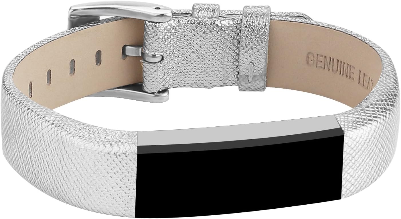POY Replacement Bands Compatible for Fitbit Alta and Fitbit Alta HR, Genuine Leather Wristbands, Silver
