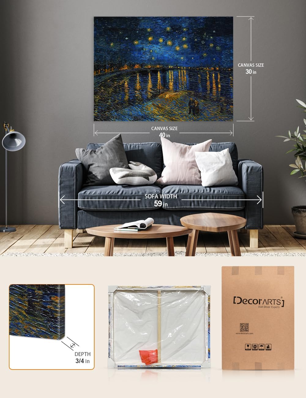 DECORARTS - Vincent Van Gogh Starry Night Over the Rhone Large Giclee Canvas Art Print, Gallery Wrapped Wall Art for Living Room Decor 40x30, Made in USA