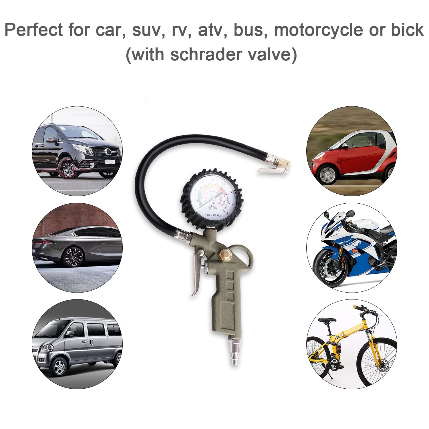 Tire Inflator with Pressure Gauge, 0-220PSI Dial Wheel Air Tire Pressure Gauge, Heavy Duty Rubber Hose with Quick Coupler, Air Compressor Tire Inflator Attachment for Cars Motorcycle Bike - Image 2