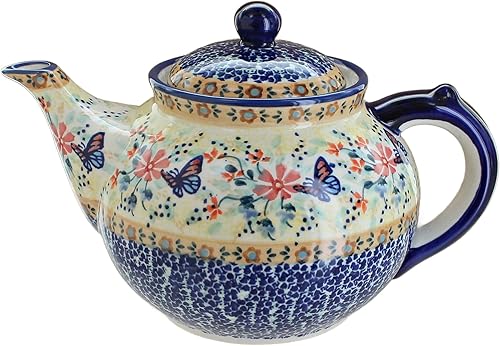 Tetera de mariposa azul de cerámica polaca rosa azul