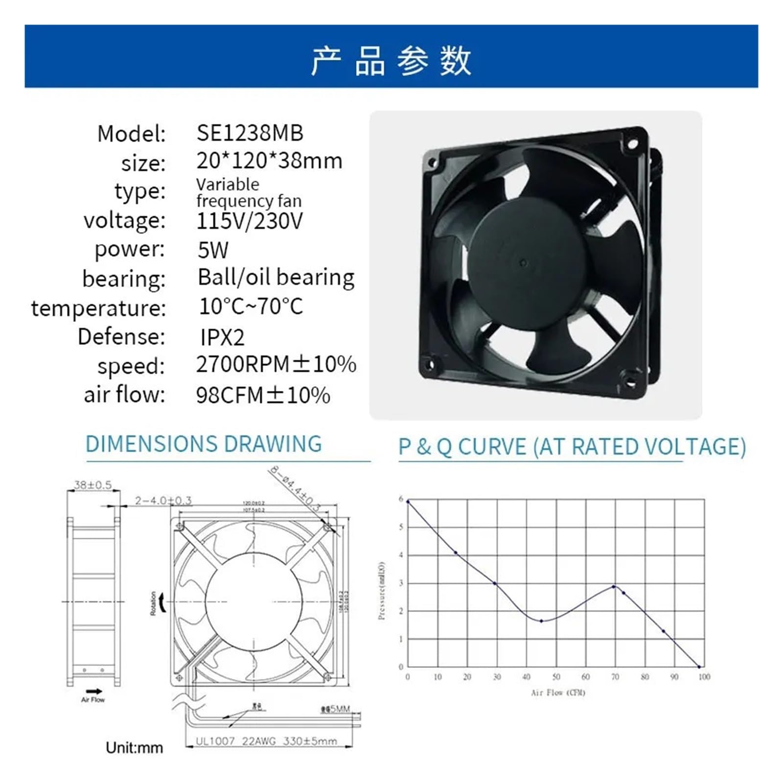 Wentylator chłodzący 120mm 120x120x38mm1 12038 5V 12 24 48CC 110 220(wtyczka 110V typu wtyczki)