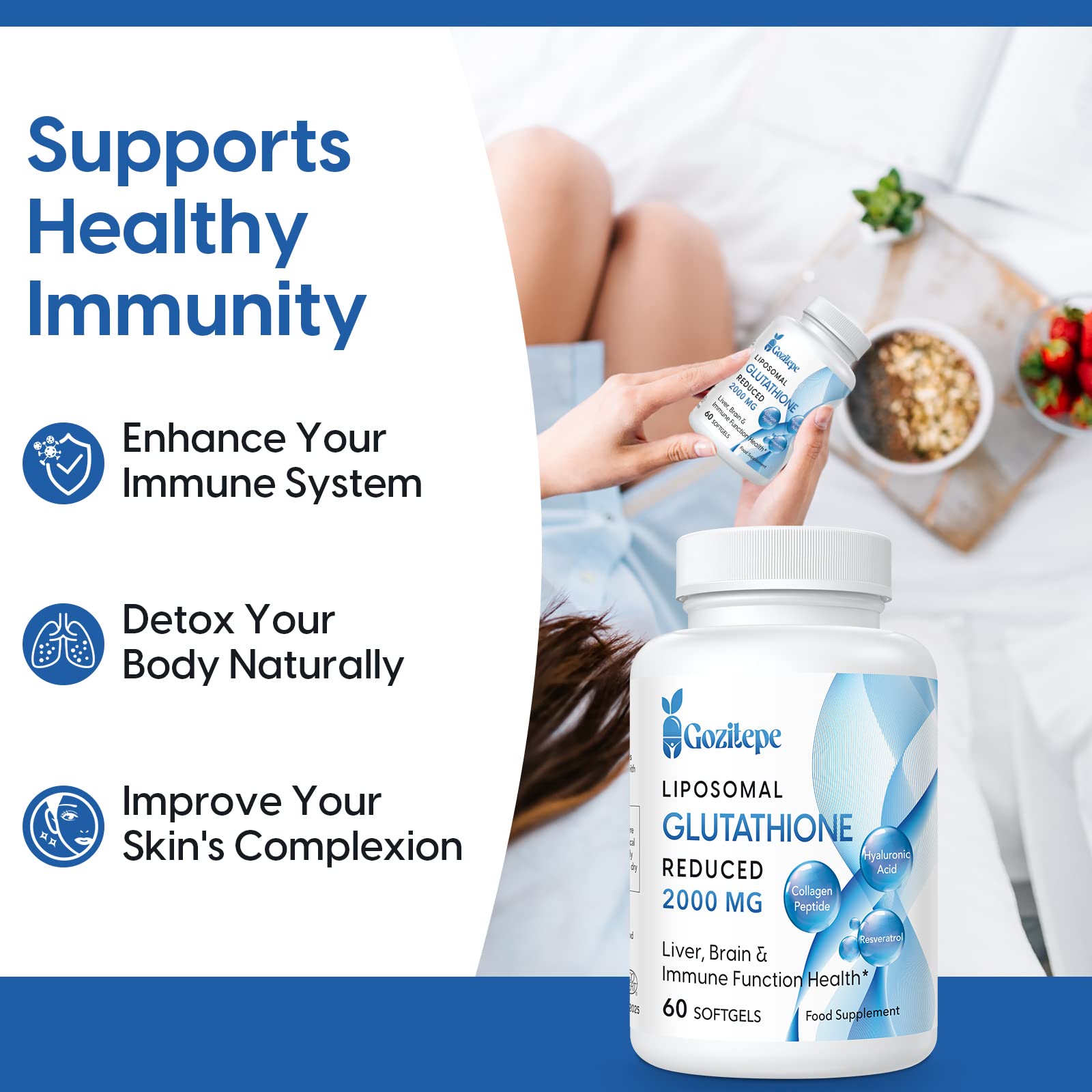 Liposomal Glutatión Reducido 2000 mg por porción | Suplemento de Glutatión con ácido Hialurónico + Péptido de Colágeno + Resveratrol para un Poderoso Antioxidante