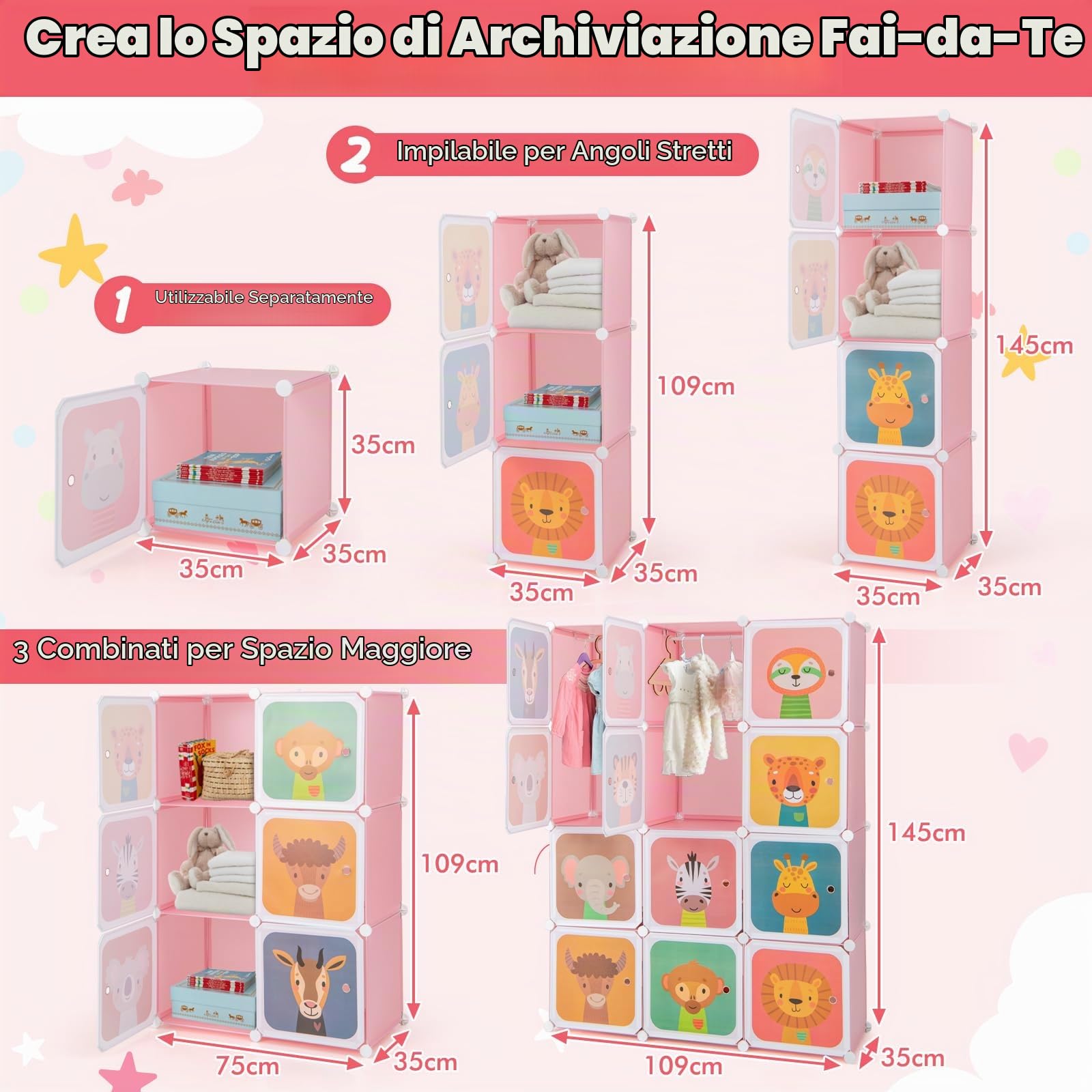 FANTASK Armadio per bambini, armadio modulare in plastica con 12 cubi, scaffale con ante e ganci, armadi per camera da letto (rosa+bianco, 12 cubi)