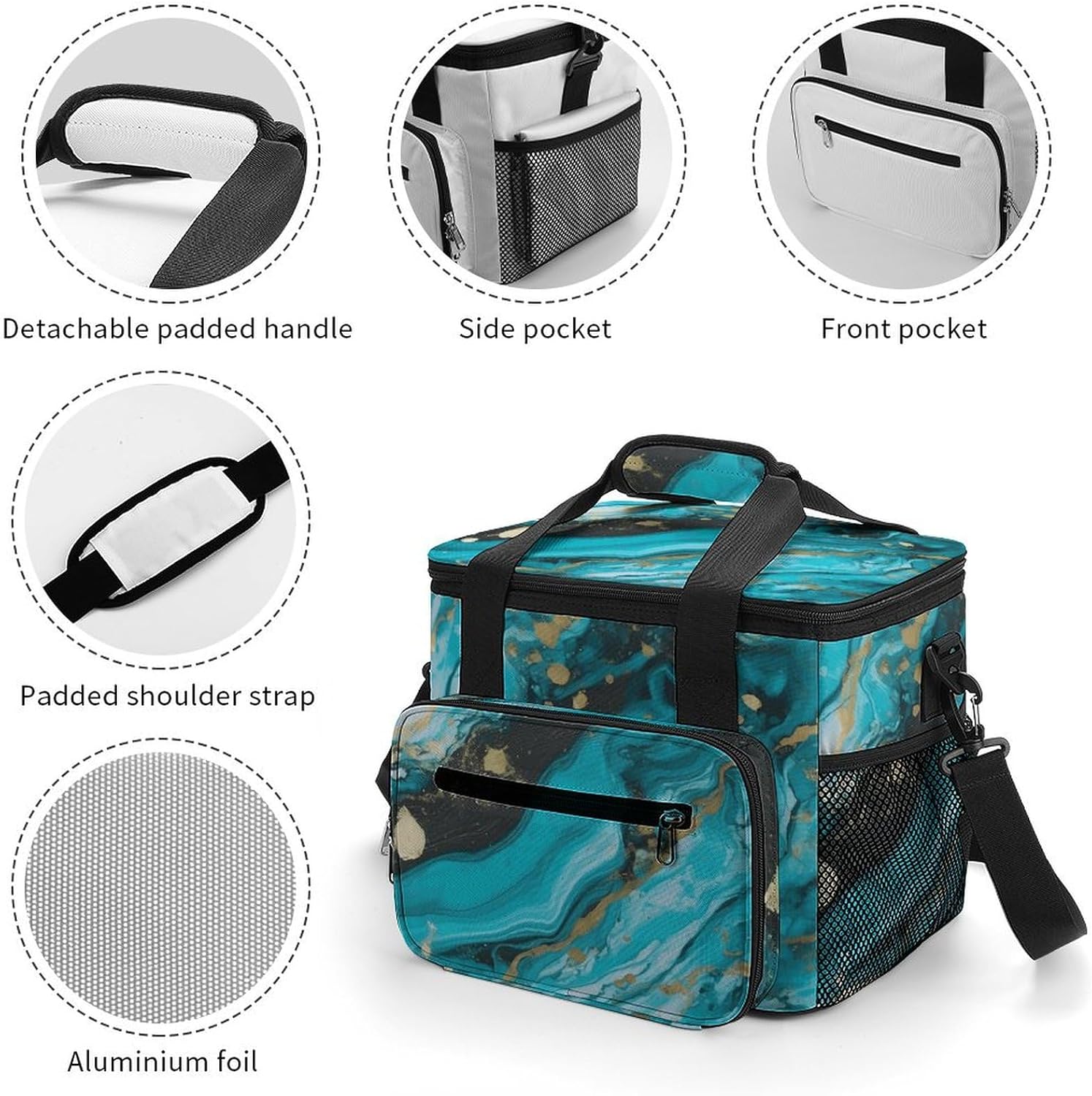 Large-Capacity Oxford Cloth Turquoise Blue Gold Marble Printed Camping Ice Bag, Outdoor Portable Insulation and Cold Storage Bag, Enjoy A Cool Camping Time