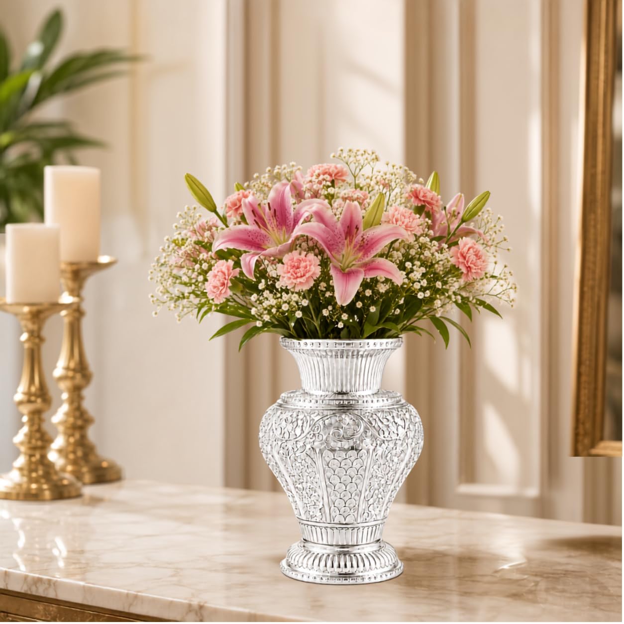 Silver Plated Aluminium Flower Vase | Embossed Vase for Fresh & Artificial Flowers | Luxury Table Centerpiece | Living Room, Office, Hotel & Home Decor | Ideal Gift (9 x 6) inch-image-9