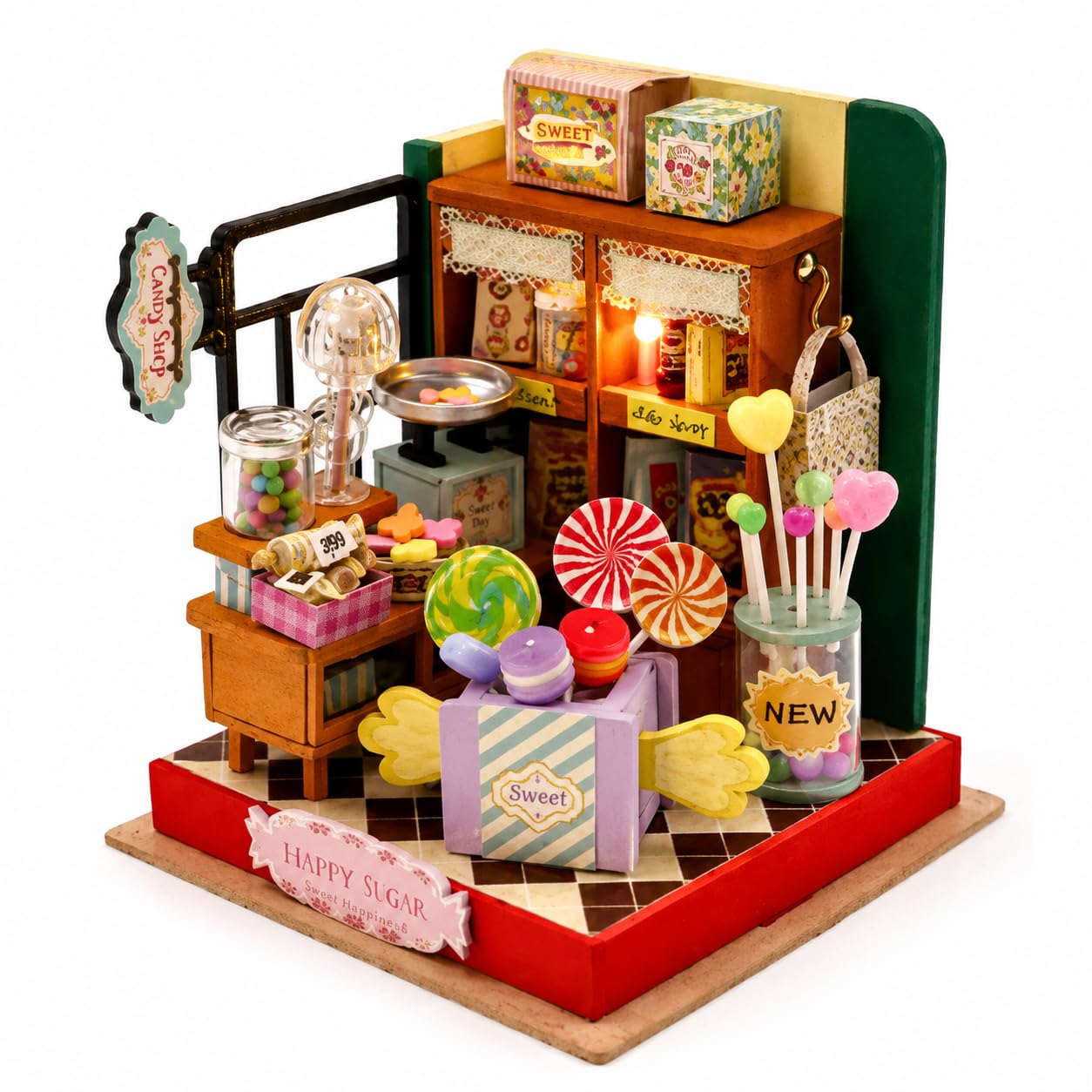 Happy Sugar DIY Miniature Candy Shop Kit with LED Light, Wooden Mini House Craft Kit for Adults & Teens, 3D Miniature Model Building Gift & Desk Decor Book Nook