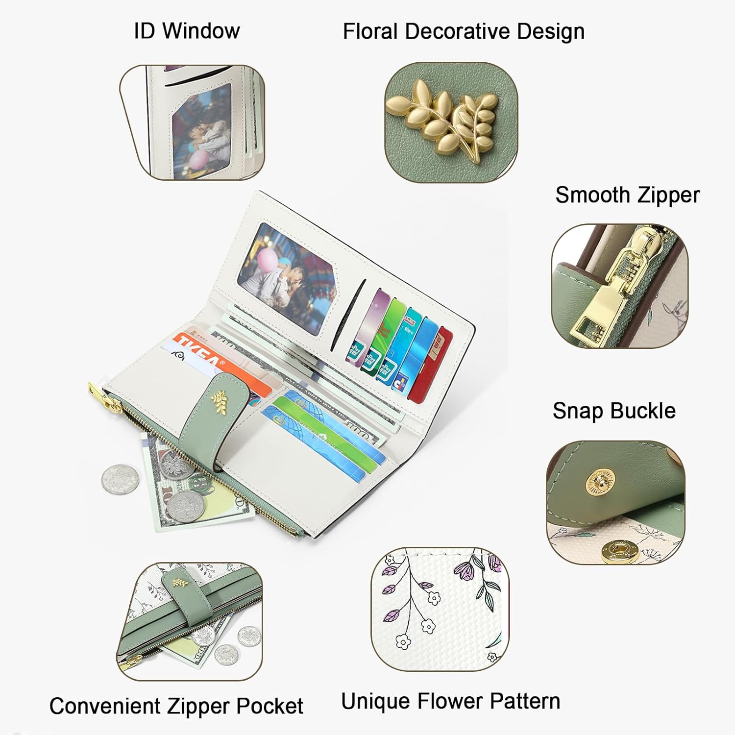 Womens Wallet Leather Long Bifold Zipper Slim Flower Wallet for Women Coin Clutch Purse with ID Window - Image 5