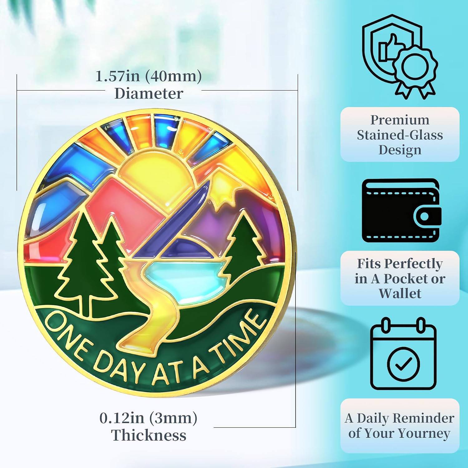 One Day at a Time Sobriety Coin – Stained Glass Path of Hope AA Chip Medallion, Inspirational 12 Step Recovery Token with Road to Serenity, Milestone Sobriety Gift for Men and Women