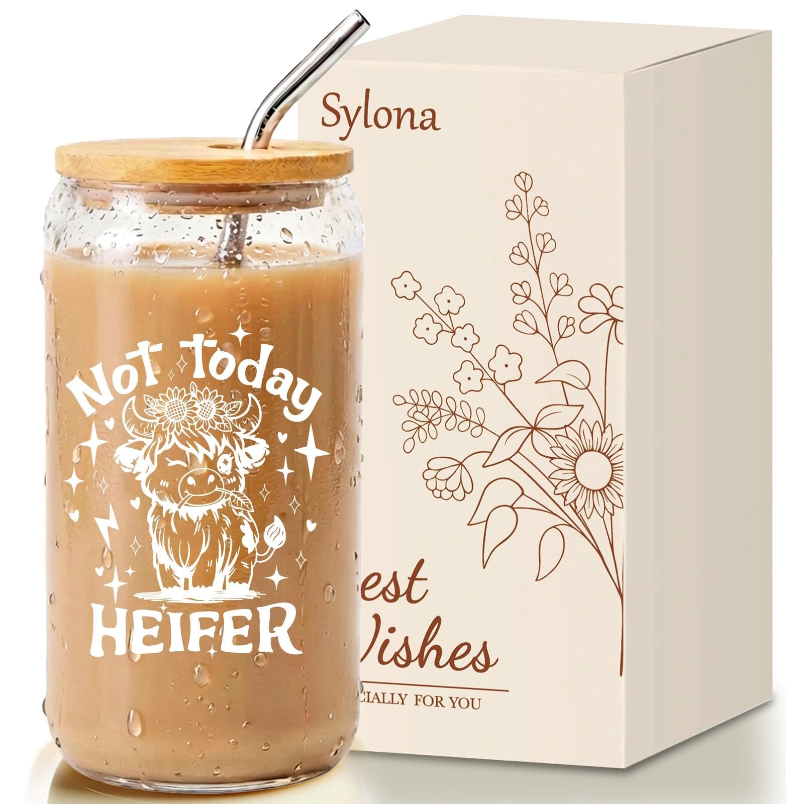 Sylona Highland Cows Gifts for Women - Funny Cow Gift for Cow Lovers, Birthday Gifts for Women, Cute Coke Coffee Cups Glass Cups with Straw and Lid, Thanks Gift for Womens, Sister, Bestie, Friend