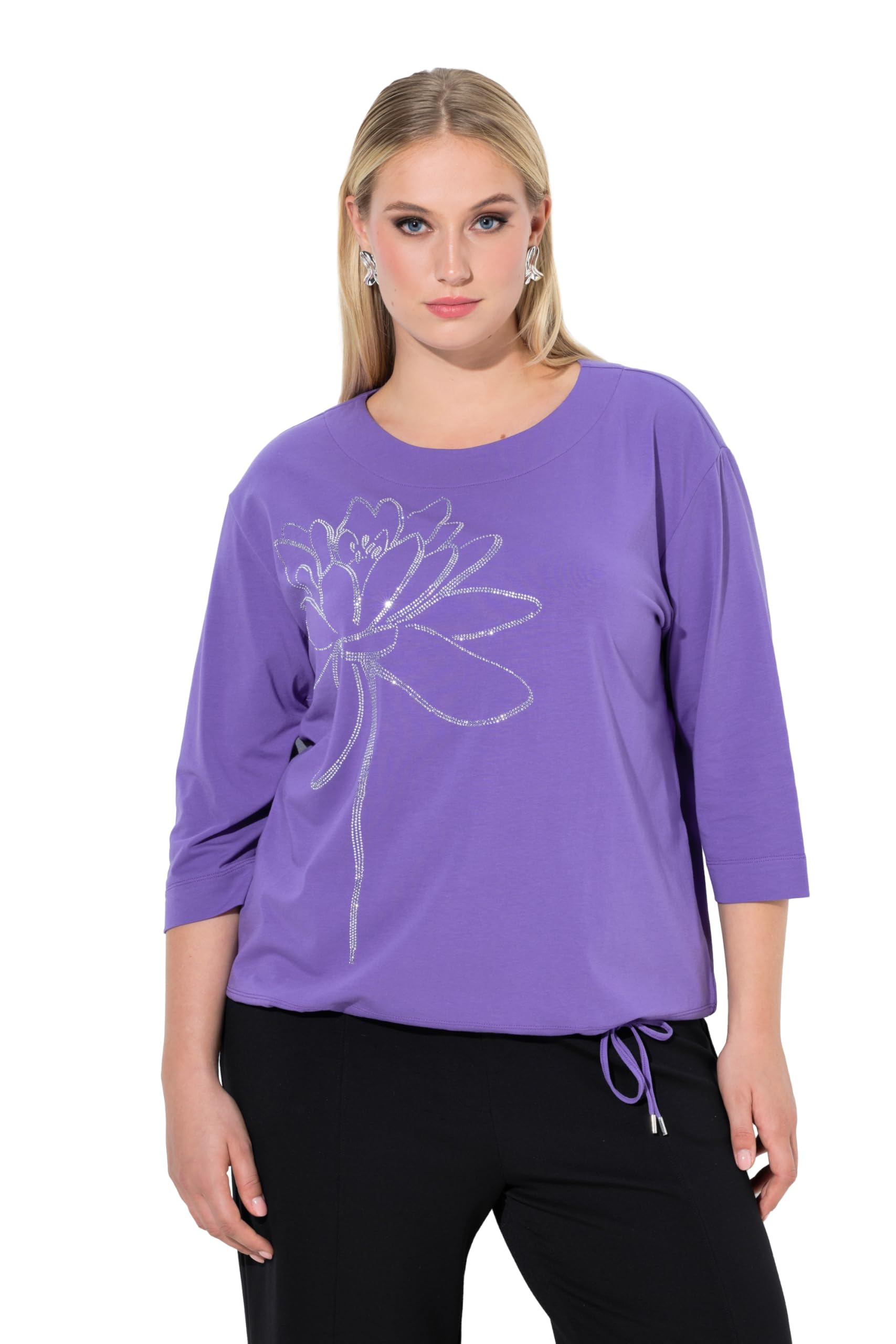 Ulla Popken Damen große Größen Übergrößen Plus Size Shirt, Ziersteine, Rundhals, 3/4-Arm, Saumband 847939