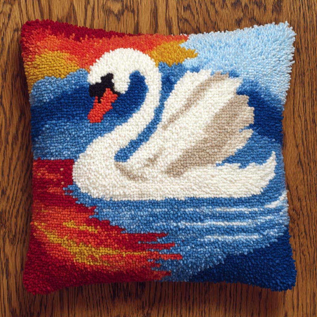 Taxpy DIY Latch Hook Kits, White Swan Pillow with Printed Canvas Crochet Yarn Embroidery Cushion Handmade Hook and Latch Kit Pillowcase 43x43cm