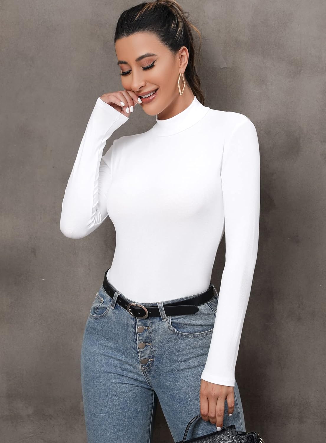 MANGDIUP Bodysuit for Women Mock Turtle Neck Long Sleeve Tops Slim Fit Basic Stretch Soft Bodysuit Jumpsuit - Image 3