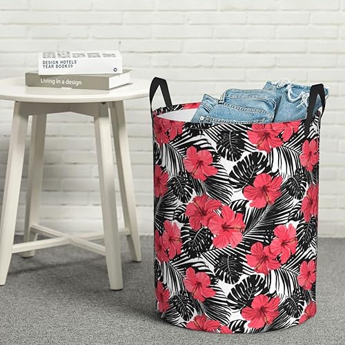 Miniatura 8 de Cesta circular de hibisco rojo para la ropa sucia cesta de lavandería plegable cesta de almacenamiento circular bolsa de ropa con asas organizador
