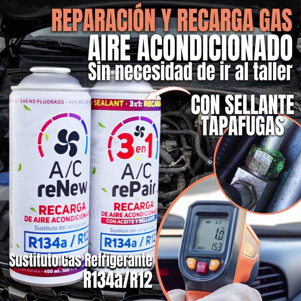 AC Kit Completo Recarga Aire Acondicionado Coche con Aceite Sellador Detector Tapa Fugas, Sustituto Gas Refrigerante R134a R12, Manómetro LP, Natural y Ecológico Recambio Compatible Coches 1992-2016