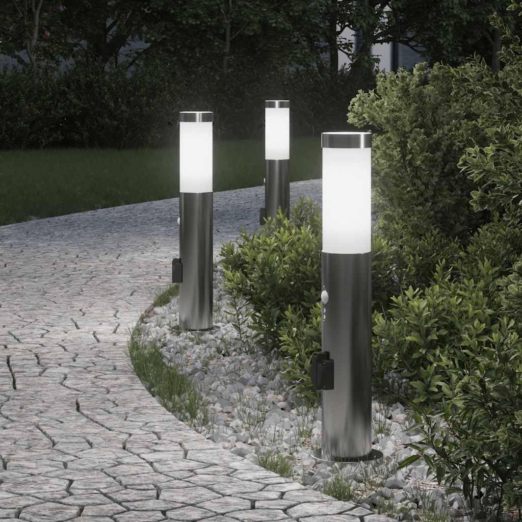 Pollerleuchten Edelstahl 3er Set 50 cm mit PIR-Bewegungssensor und integrierter Steckdose IP44 für Garten Terrasse Außenbereich Beleuchtung und energiesparendes Licht