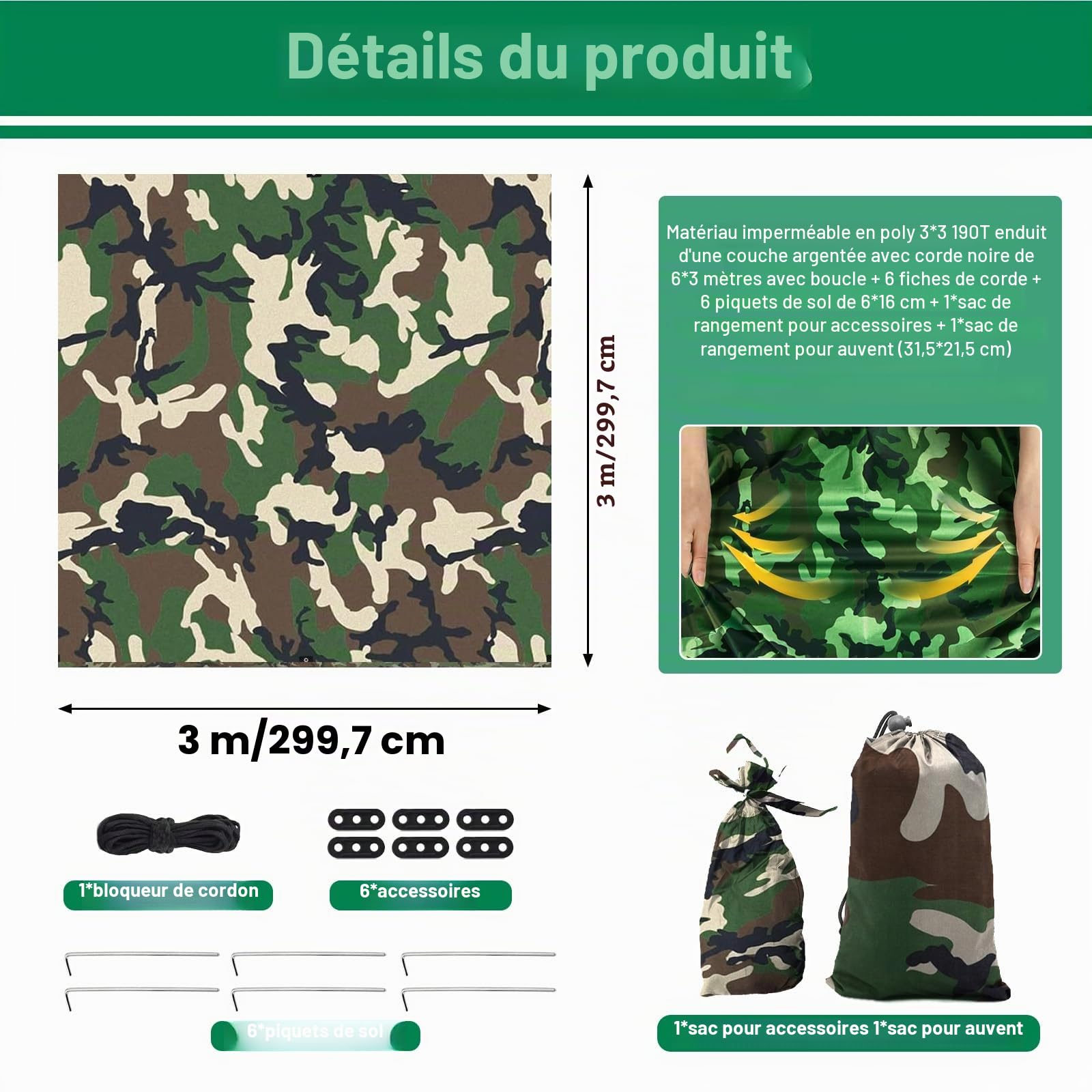 3x3M Camping Bâche, Tarp Ultra Léger, Tarp Bivouac Anti UV Ripstop, avec Oeillets, 6 Piquets en alu, 6 Cordes, pour Bivouac, Randonnée, Trekking, Hamac, Auvent Van Fourgon