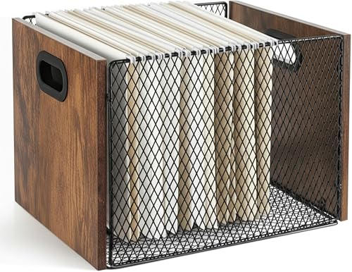 Organizador de archivos colgantes, caja de almacenamiento de carpetas colgantes, gabinete de madera marrón rústico con asa para escritorio de