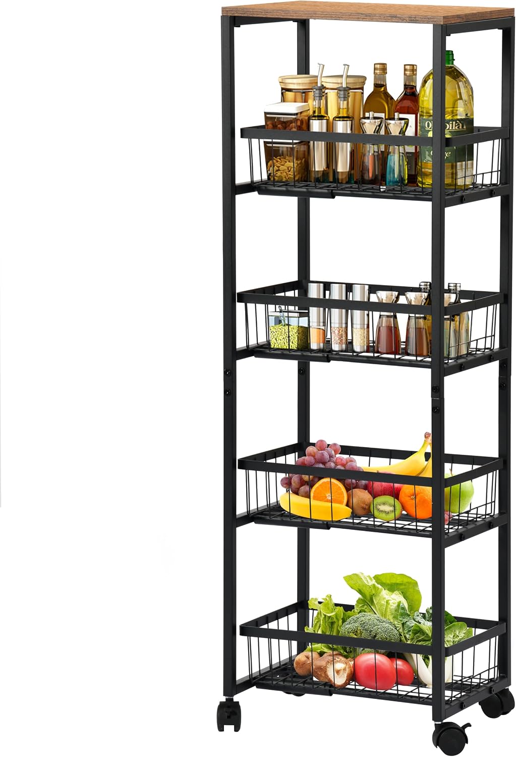 Chariot De Rangement à 5 Niveaux, Desserte à Roulettes, 4 Paniers Coulissants Et Plateau 49 5x31x91cm Chene Et Noir 79873428