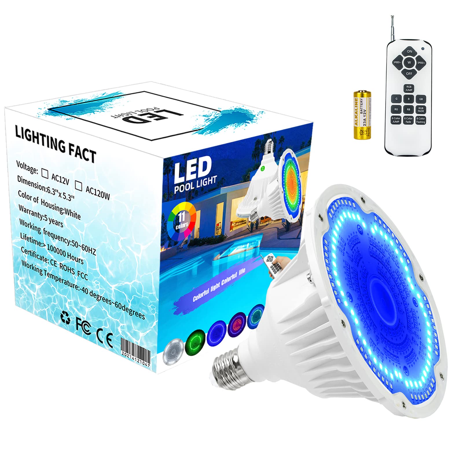 Photo 1 of Pool Lights Bulb, 12V AC 40W RGB White Color Changing Pool Light with Remote Control and Color Memory, Underwater Pool Light for Inground Pool, E26 Replacement Bulb for Pentair Hayward Fixtures