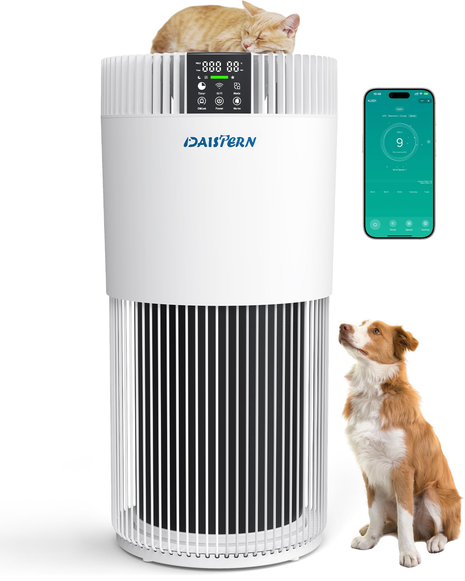 Inteligentny oczyszczacz powietrza WiFi dla zwierząt domowych do 78 ㎡ | Filtr HEPA H13, CADR 345 m³/h, usuwa sierść zwierząt, alergeny i zapachy, jonizator pyłków formaldehydu