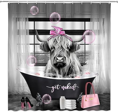 Divertida cortina de ducha de vaca de las tierras altas de la moda bañera burbuja vaca animal rosa bolsa de tacones altos cortina de baño tela con