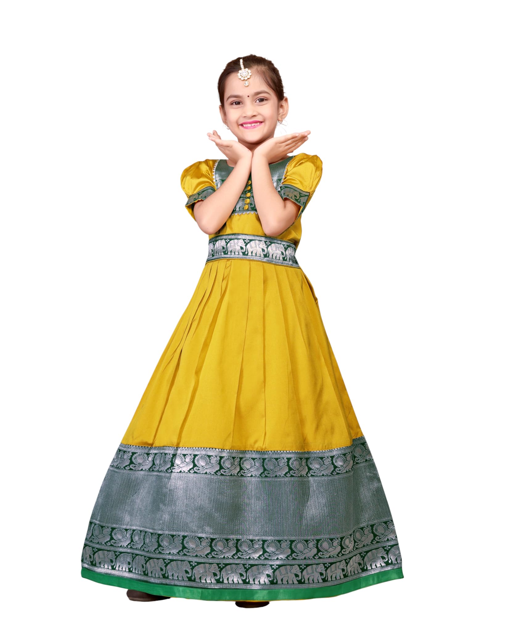 Girls Silk Pattu Gown for Kids Traditional South Indian Long Ethnic Dress | Baby Girl Festival Pavadai Sattai Style Party Wedding Birthday Special Occasion Outfit-image-40