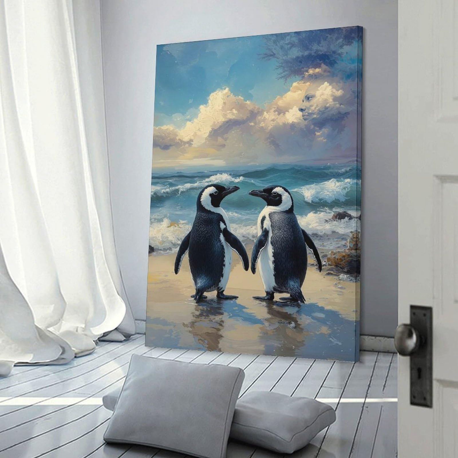 Junmoney Frame-Style-5 Two Penguins On A Beach Painting Room Decor Wall Art 08X12inch(20X30cm), For Lounge Decor, Offices Or Entryway Styling, A Flexible Wall Accent For Shared Spaces