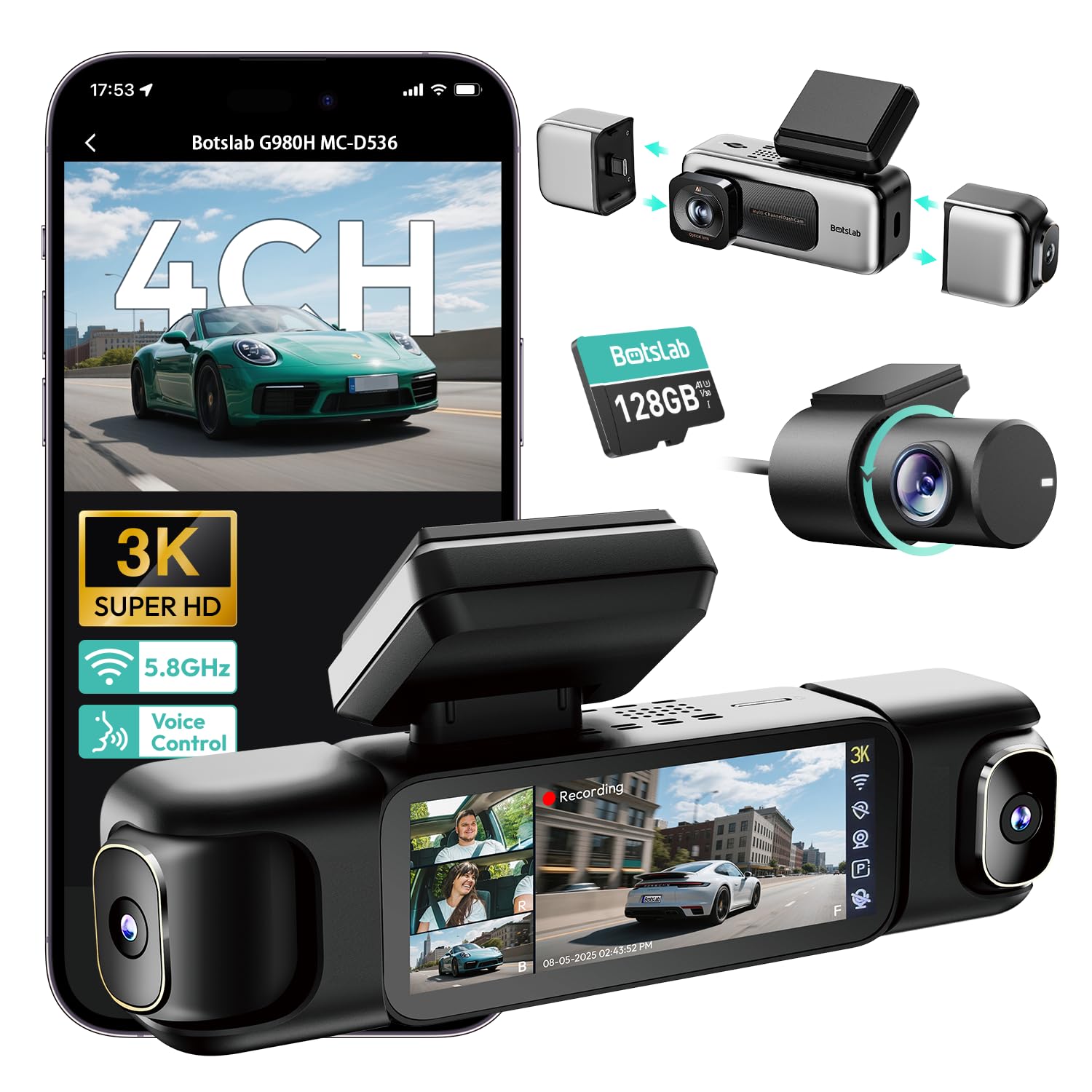 BOTSLAB 3K 4 Channel Dash Cam, 3K/4K Front and 1080p*3 Car Camera Left Right Inside, 560° Dash Cam for Car, Built-in 5.8GHz WiFi and GPS, Voice Control, Included 128GB SD Card