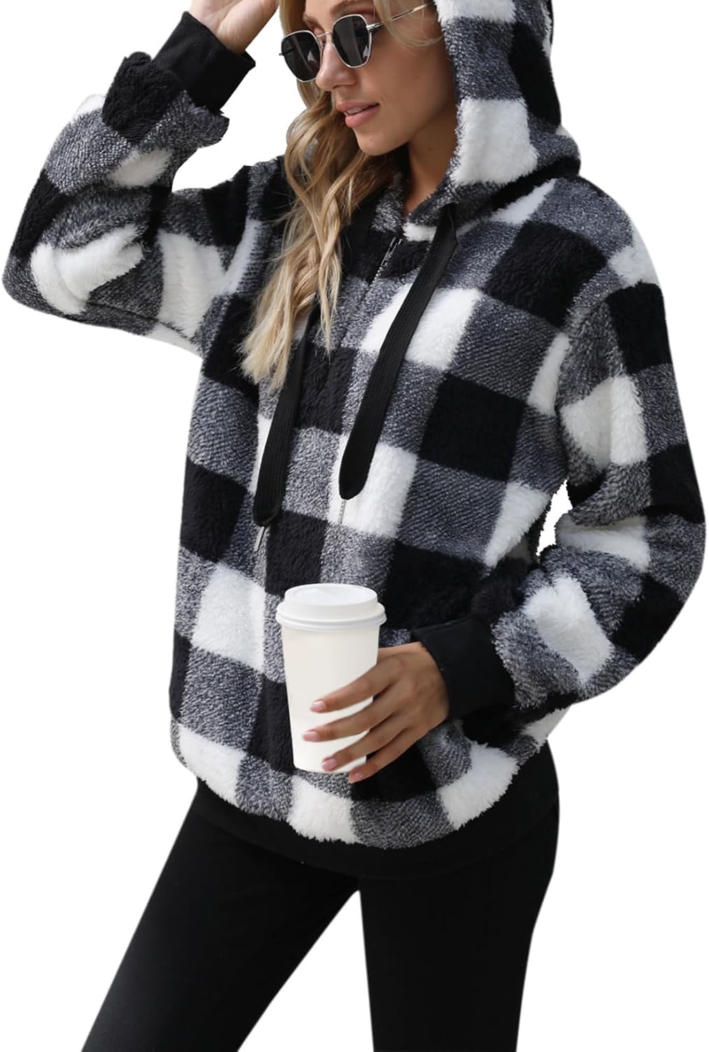 Nirovien Womens Sherpa Pullover Oversized Fuzzy Hoodie Double Fleece Sweatshirts Fluffy Plaid Outerwear Warm Coats - Image 2