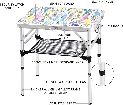 Miniatura 4 de Mesa de camping plegable de 2 pies, mesa de pinic portátil de altura ajustable, mesa de tarjetas pequeñas, de aluminio, plegable, ligera, con asa de