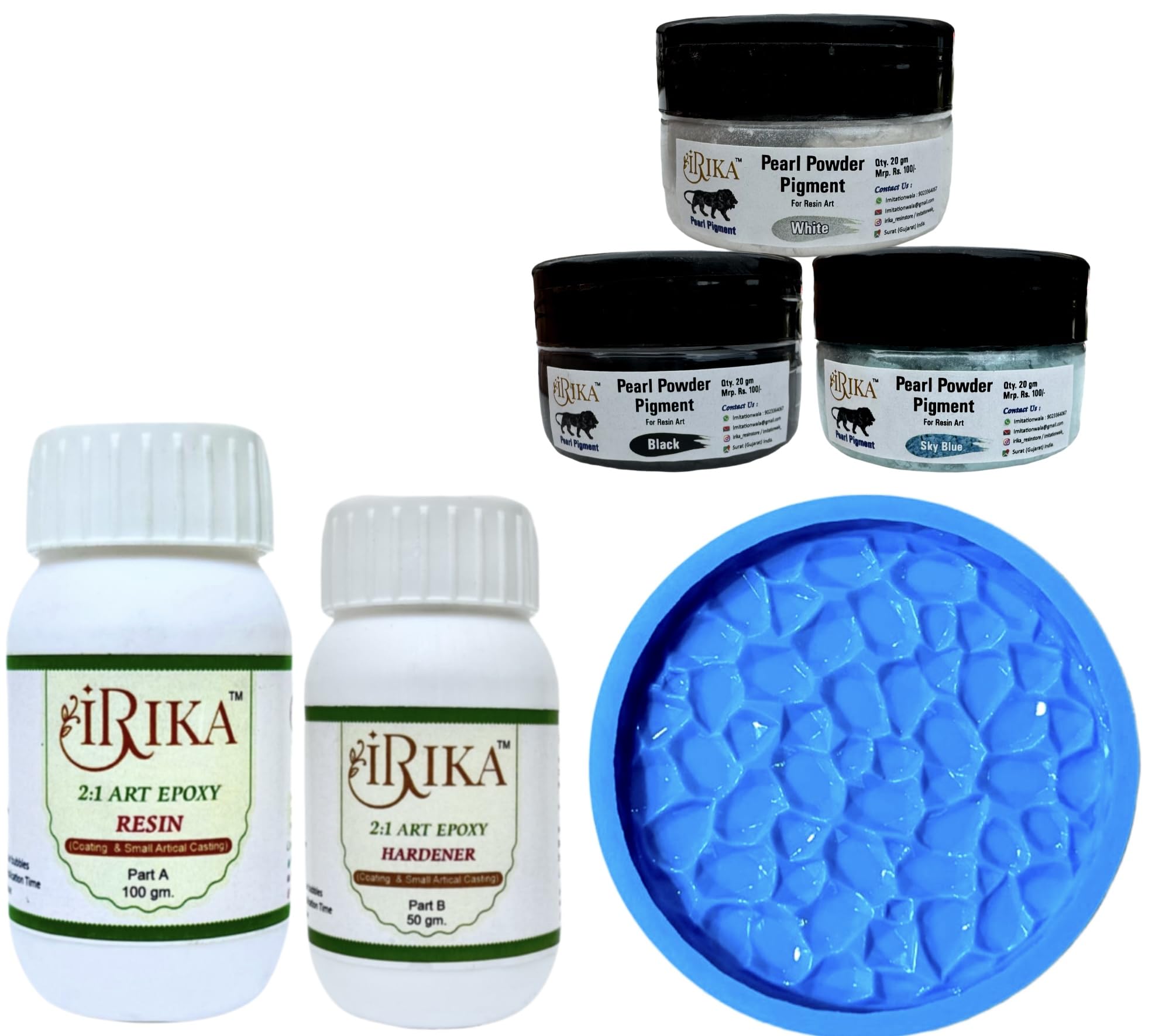 IRIKA 150 gm 2:1 Ratio Resin Set with 3 Pearl Pigment Pack and Blue round druzzy Coaster Mould/resin art and craft