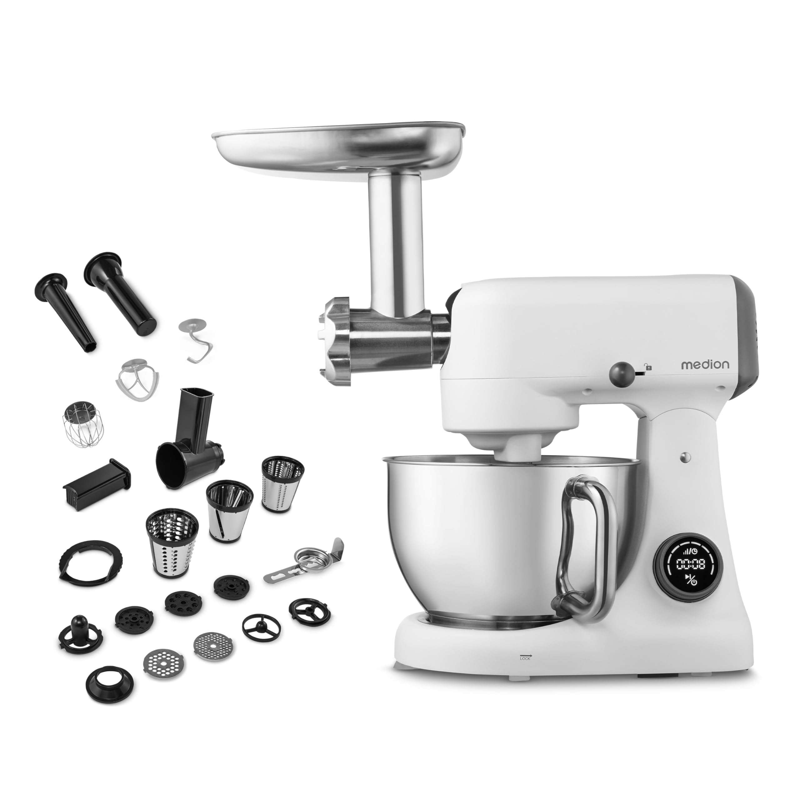 MEDION Robot de cocina con picadora (800 vatios, motor de CC, recipiente de acero inoxidable de 4,6 litros, ahorro de energía, ultrasilencioso, pantalla táctil con sensor digital, MD12600) Blanco
