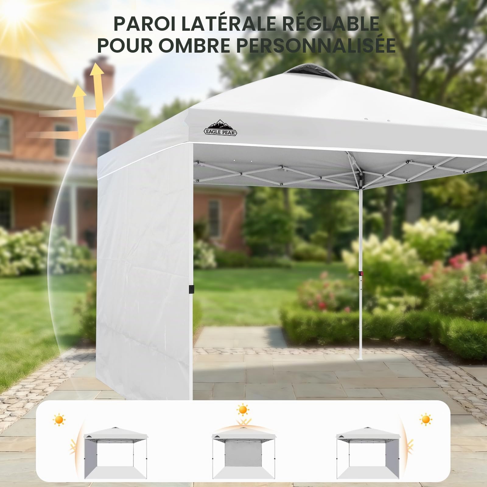 EAGLE PEAK Auvent Commercial Pliable 3x3 m, Tente Abri Instantané avec 1 Paroi Latérale, Robuste et Facile à Installer, Protection Solaire Extérieure pour Marchands et Marchés, Blanc