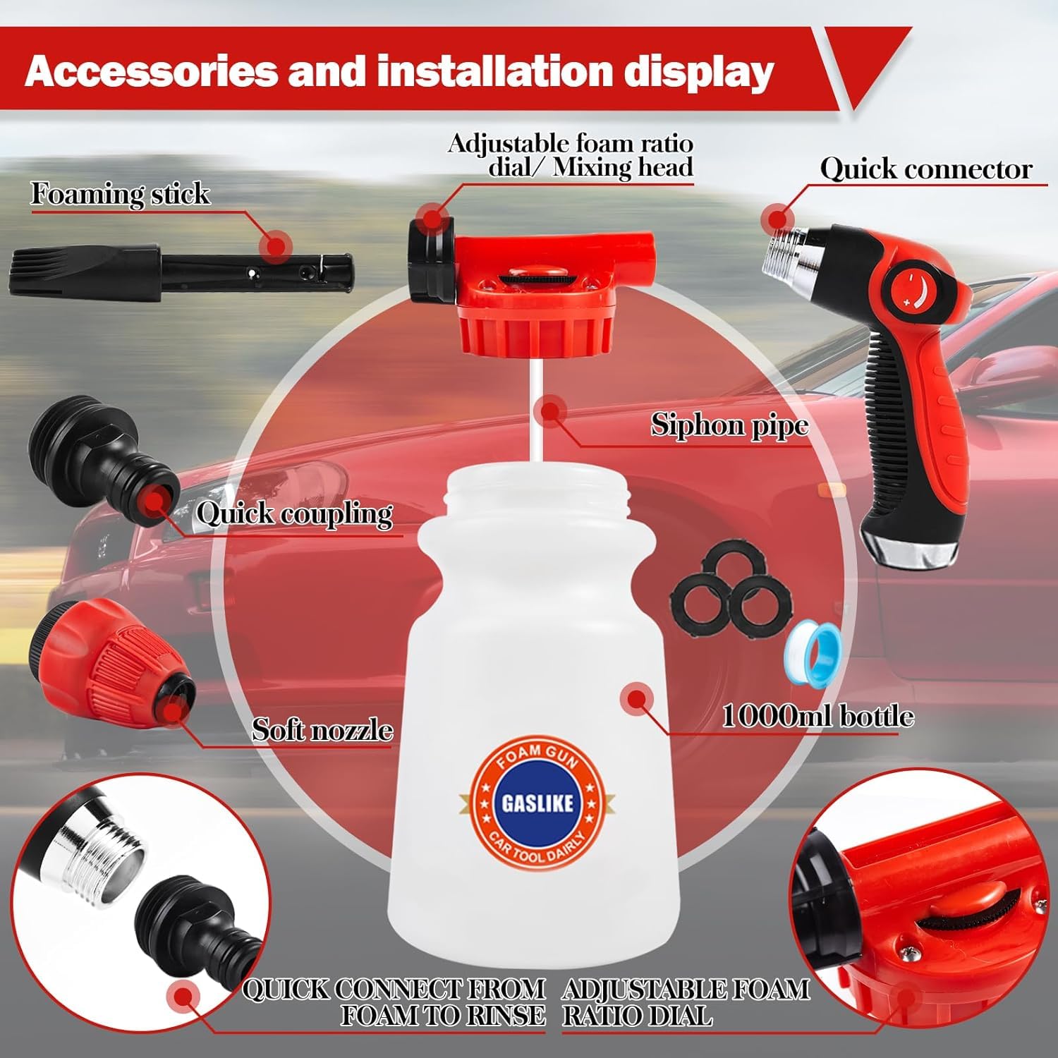 GASLIKE 63PCS Car Wash Cleaning Kit,Car Wash Brush with Long Handle,Car Detailing Kit with Foam Gun,Car Cleaning Supplies,Handheld Vacuum, Car Detailing Kit (63PCS)