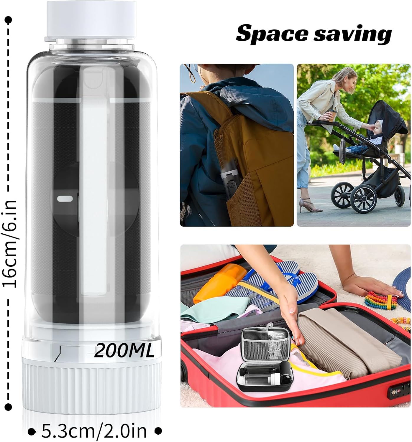 Image showing the compact size of the bidet (16cm/6.in tall, 5.3cm/2.0in diameter) and how it fits into a backpack and suitcase, highlighting its space-saving design.