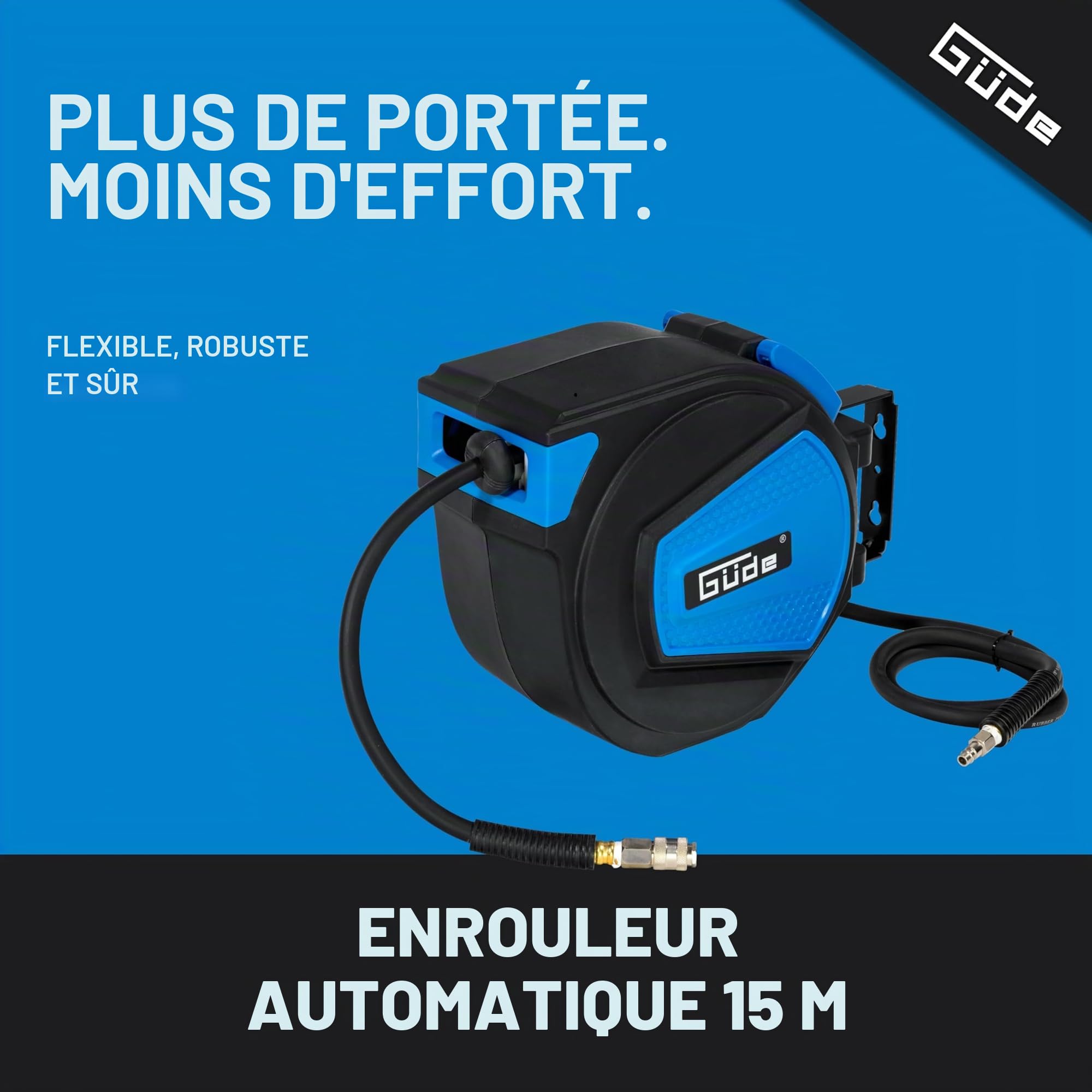 Güde 02882 Dévidoir de tuyau automatique 15 m (12 bars de pression de travail max. Diamètre intérieur 9,5 mm paroi 3 mm d'épaisseur), Bleu