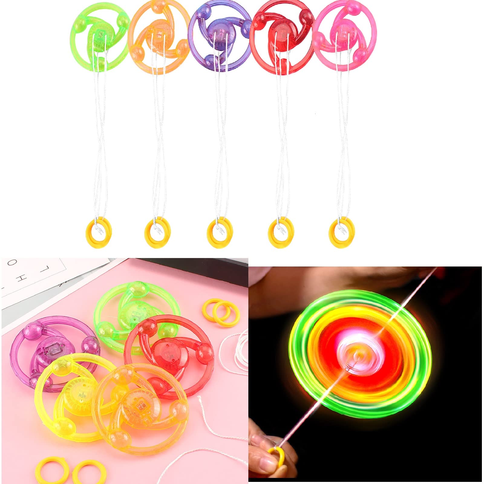 wuitopue 10PC Pull Line Flashing Flywheel for Kids, Flashing Gyro Fidget Spinner Toy, Rainbow Light Spinning Toy, LED Light Up Flash Gyro Toys Glow in The Dark Spinning Toys for Children (10PC)