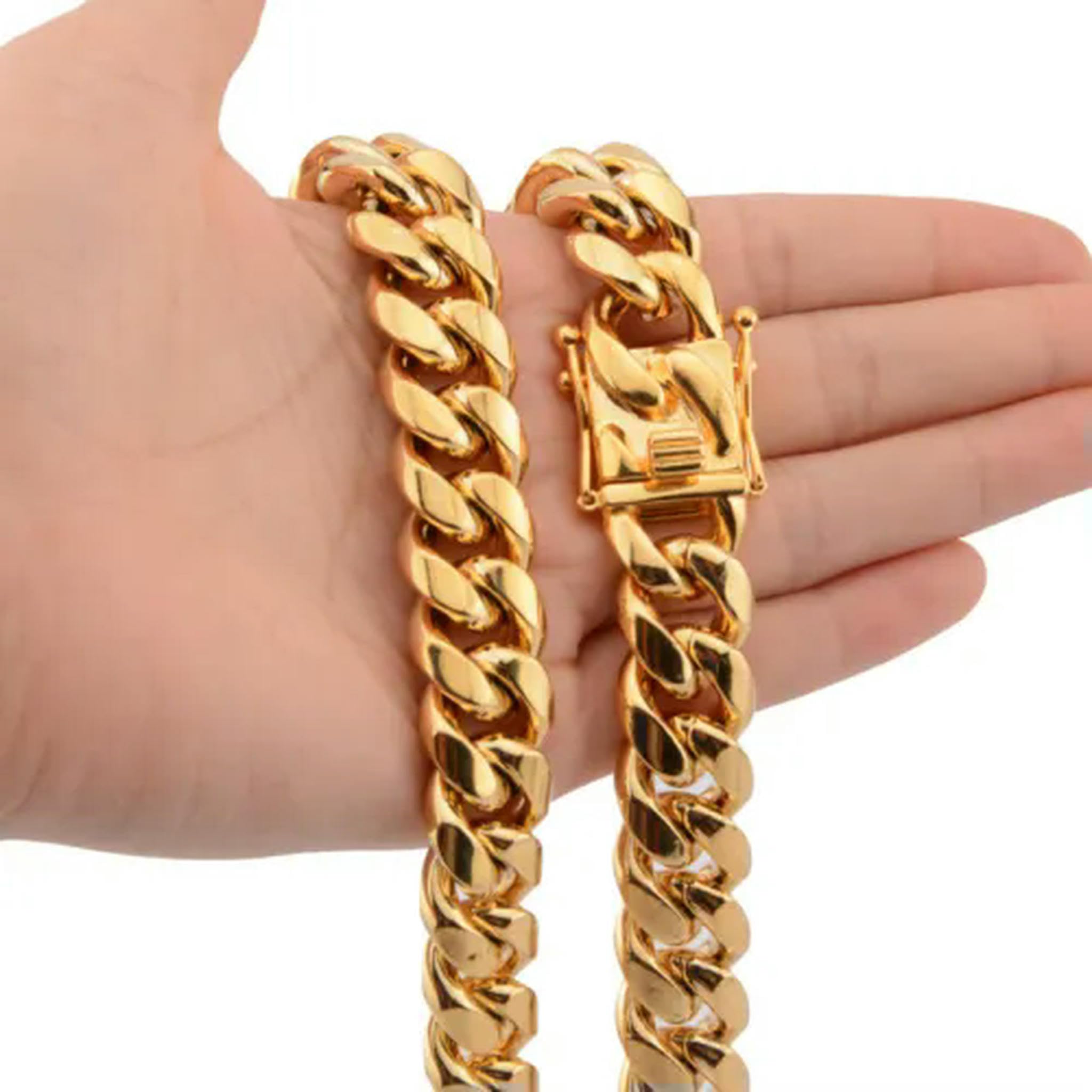 Pulsera de eslabones cubanos de Miami para Hombre, Cadena de Acero Inoxidable chapada en Oro de 18 Quilates