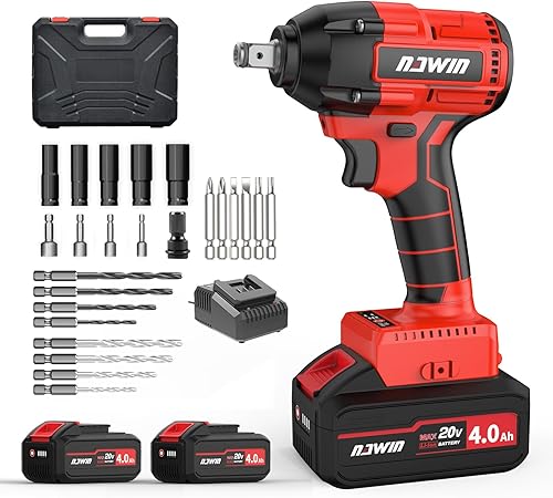NAWIN Llave de impacto inalámbrica, 240 pies y 320N de potencia. Juego de llaves de impacto de 1/2 unidad, llave de impacto de 20 V con 2 baterías