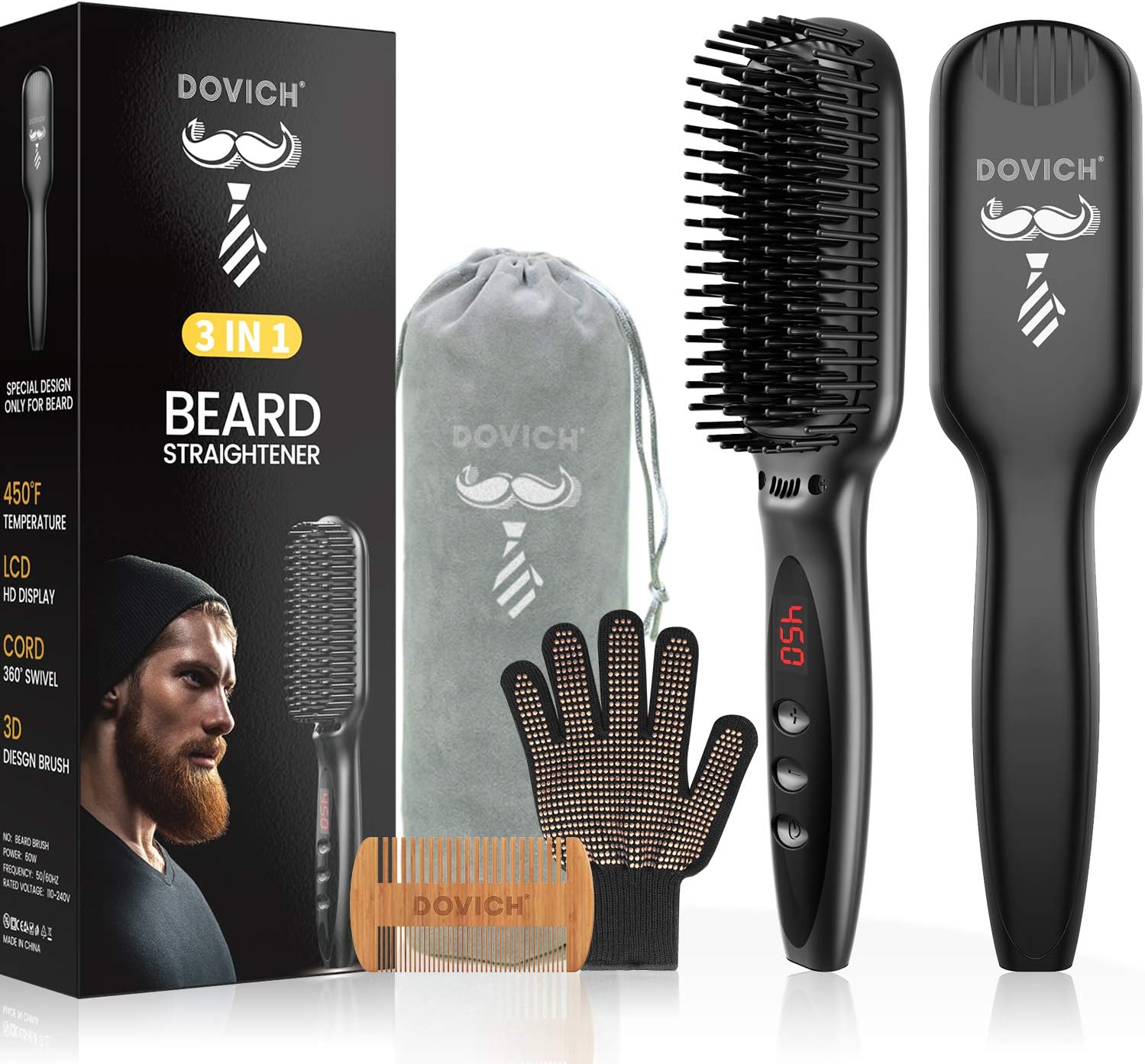 3 in 1 Beard Straightener for Men, Dovich Ceramic Heating with Anti-Scald Straightening Comb, Adjustable Temperatures with Led Display Ioinc Straightening Brush, Portable Detangling & Styling.