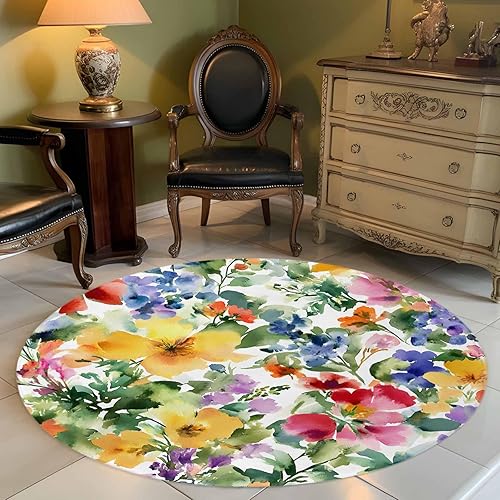 Miniatura 2 de Round Rugs 3 Feet, Green Yellow Floral Non Slip Area Rugs for Living Room, Bedroom, Barhroom, Entryway, Purple Blue Watercolor Retro Leaf Soft